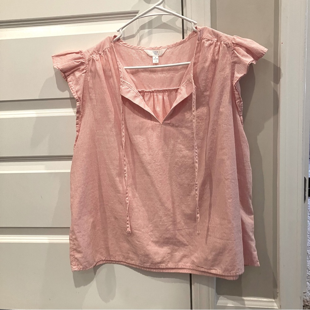 Time and tru blouse pink and white stripe ruffle sleeve tie front